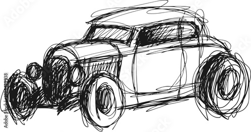 Vintage classic car sketch in black ink with expressive scribble drawing