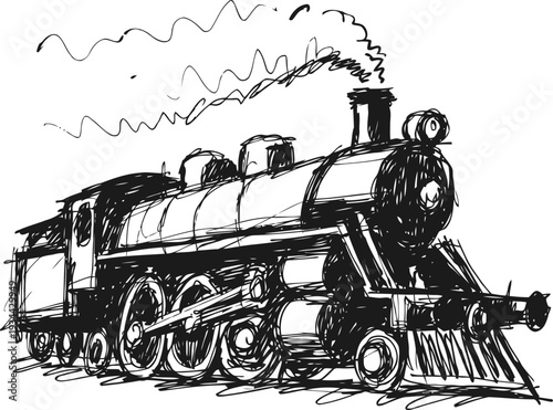 Vintage steam locomotive illustration with smoke and detailed wheels, classic train sketch in black ink