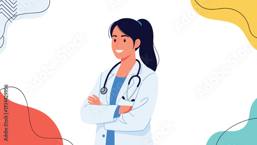 Professional young female doctor wearing a white lab coat and stethoscope smiles confidently against a modern background.