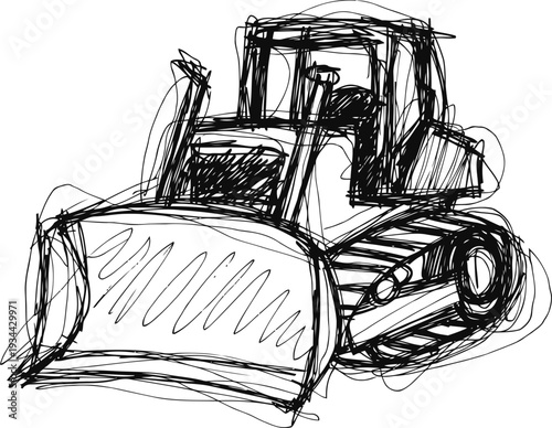 Sketch of construction bulldozer with large blade and caterpillar tracks, heavy machinery illustration
