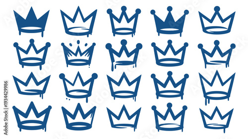 A striking collection of twenty blue hand-drawn graffiti style crown symbols.