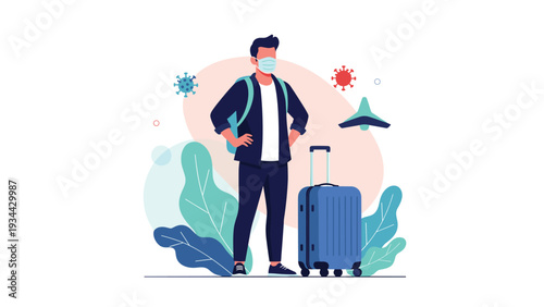 Male traveler wearing a protective face mask stands with a blue suitcase and backpack during the global virus pandemic.