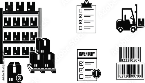 Warehouse logistics icons: forklift, inventory, boxes, shelf, barcode, checklist