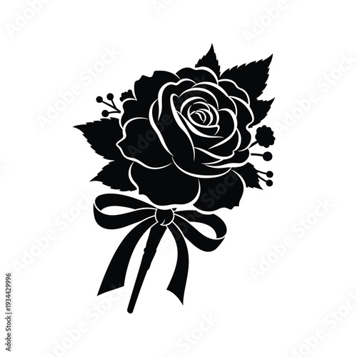 Elegant black silhouette of a rose bouquet tied with a satin ribbon and bow