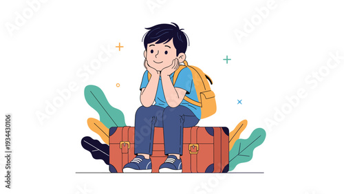 Cute young boy with a backpack sits on a large vintage suitcase while waiting for a trip and thinking about his journey.