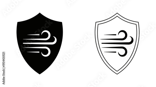 Two distinct icons showing a protective shield guarding against blowing wind.