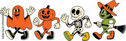 Cheerful cartoon Halloween characters in festive costumes including ghost, pumpkin, skeleton, and witch walking together, colorful seasonal illustration perfect for holiday design projects