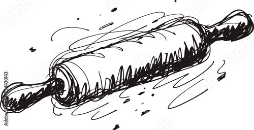 Hand drawn rolling pin sketch in black ink kitchen baking tool illustration with rustic