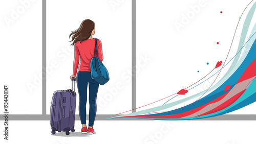 Woman with a suitcase and shoulder bag stands at an airport terminal looking at colorful abstract waves of wind and energy.