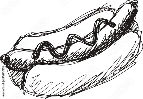 Hand drawn hot dog sketch with mustard drizzle on bun illustration