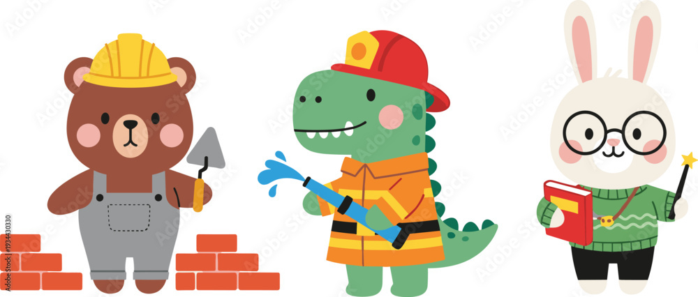Obraz premium Cute Animal Professions Set Bear Builder Firefighter Crocodile and Teacher Rabbit Vector Illustration