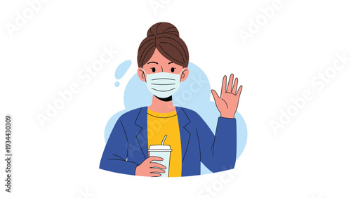 Young woman wearing a surgical face mask for protection waves her hand while holding a cup of coffee on a blue background.