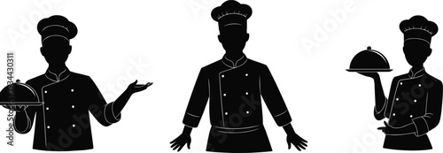 Chef silhouettes set showing cooks holding serving trays and wearing uniform representing restaurant service, culinary profession and food preparation concept in vector style