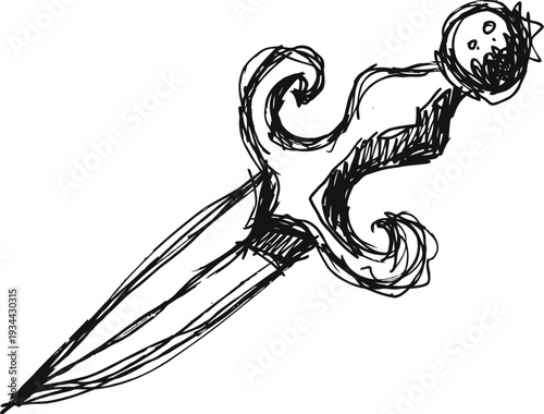 Ornate dagger with curved guard and double edged blade sketch illustration in black ink