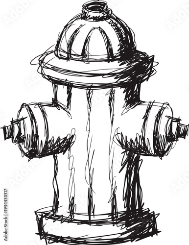 Hand drawn fire hydrant sketch in black ink with rough detailed lines, urban emergency equipment illustration