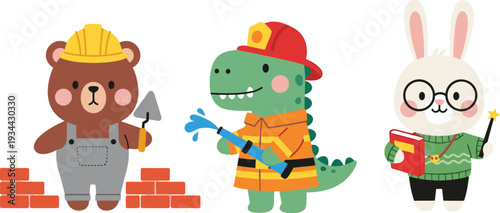 Cute Animal Professions Set Bear Builder Firefighter Crocodile and Teacher Rabbit Vector Illustration