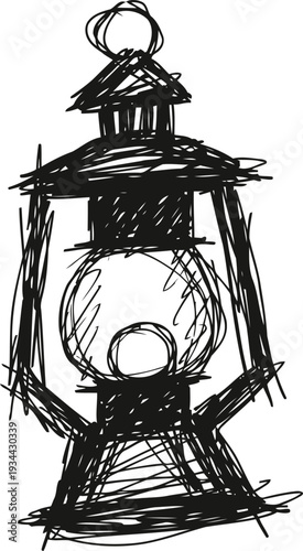 Hand drawn sketch of vintage oil lantern with scribble and irregular lines design