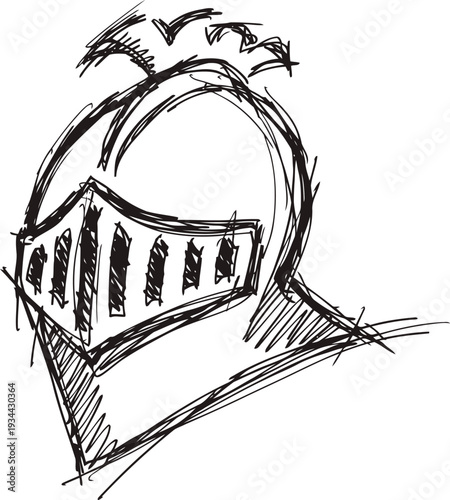 Sketch of a medieval knight helmet with visor, plume, and protective metal design