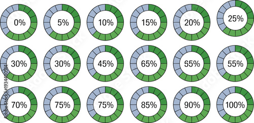 Circular progress percentage indicator set from zero to hundred loading icons UI elements infographic data visualization vector illustration collection