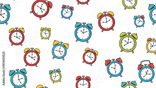 Seamless pattern design featuring various colorful alarm clocks in red, blue, green, and yellow scattered on white background.