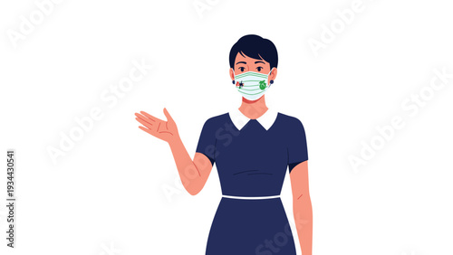 Woman in a navy dress wears a unique face mask with patterns and gestures with her hand as if presenting something special.