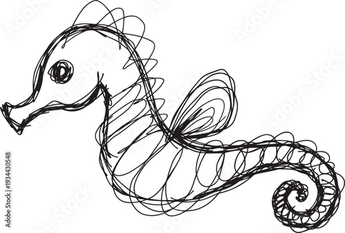 hand drawn seahorse sketch black ink doodle of underwater marine creature with curled tail and fins, creative artistic illustration