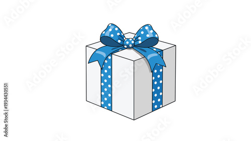 Simple white gift box wrapped with a beautiful blue ribbon and a bow with white polka dots for a special celebration event.