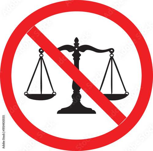 Symbolic illustration of injustice with unbalanced scales inside a red prohibition circle