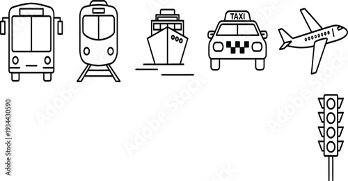 Transportation Icons: Bus, Train, Ship, Taxi, Airplane, Traffic Light Set