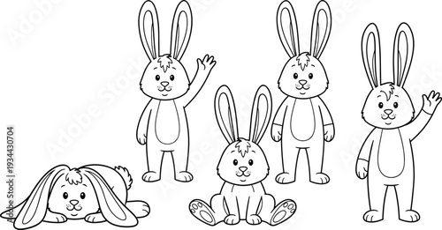 Cute Bunny Outline Coloring Page Set Cartoon Rabbit Vector Illustration