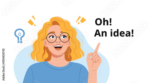 Excited young woman with blonde hair and glasses points upward as she has a great new idea with a lightbulb icon nearby.