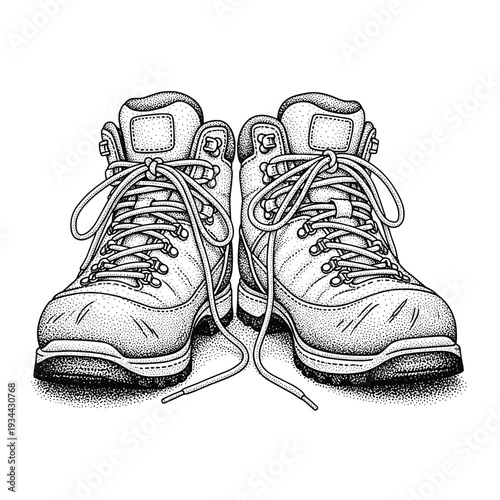 Detailed stippling illustration of a pair of sturdy hiking boots with laces tied