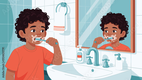 Young boy with curly hair brushes his teeth in front of a bathroom mirror with white foam around his mouth for hygiene.