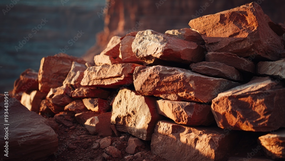 Fototapeta premium Natural stone wall in warm sunlight with rugged canyon landscape background