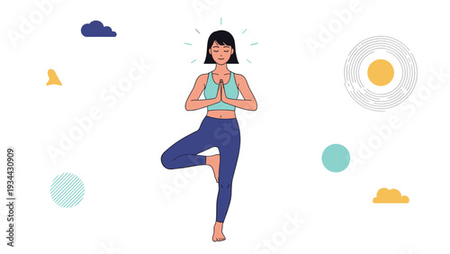 Young woman performs a yoga tree pose for balance and wellness with abstract decorative symbols on a white background.