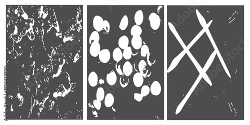 Abstract monochrome texture set of microscopic cells, grainy film noise, and organic circular shapes on black background