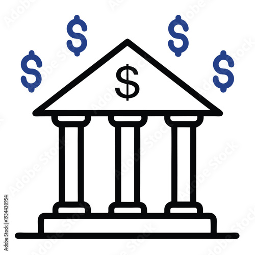 Hand drawn bank building with currency symbols