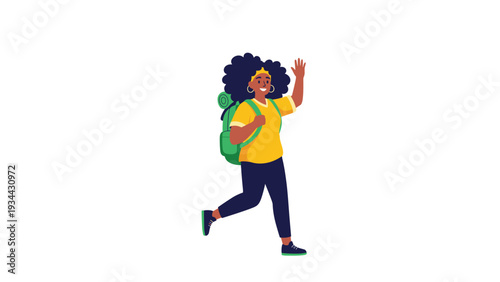 Cheerful young black woman with a green backpack and curly hair waves her hand while walking on a white background.