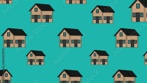 Seamless pattern of small brown wooden cabins with dark roofs arranged neatly on a solid turquoise blue background.
