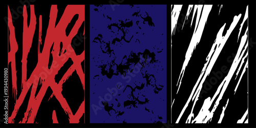 Abstract grunge texture set with red scratch marks, blue distressed marble, and white brush strokes. border frame illustration on dirty paper