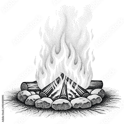 Stippled campfire with logs and stones, creating a warm and inviting atmosphere for outdoor gatherings