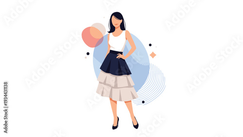 Fashionable woman with long dark hair poses confidently in a white top and a black and white tiered skirt with high heels.