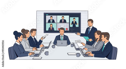 Business team conducts a virtual meeting with colleagues on a large screen