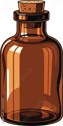Small amber glass apothecary bottle stands ready with a cork stopper top.