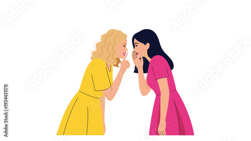 Two young women in colorful dresses share a secret and whisper into each other's ears with curious and secretive faces.