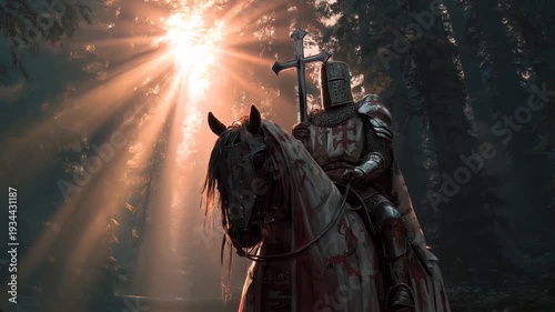 crusader warrior holding holy shining cross on horse