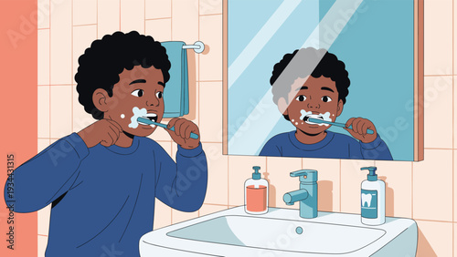 Young boy with curly hair brushes his teeth in front of a bathroom mirror while using a blue toothbrush and white foam.