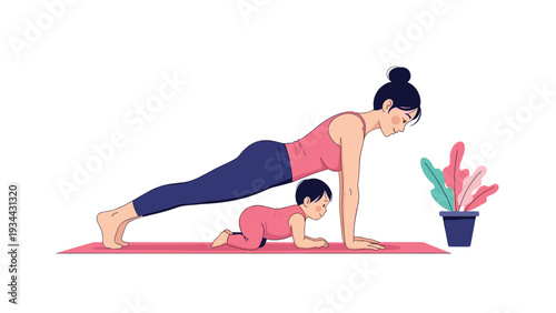 Fit young mother and her cute baby perform a plank exercise together on a pink yoga mat next to a green potted plant.