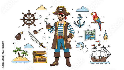 Friendly pirate character with a hook hand and an eye patch surrounded by various maritime and treasure related symbols.