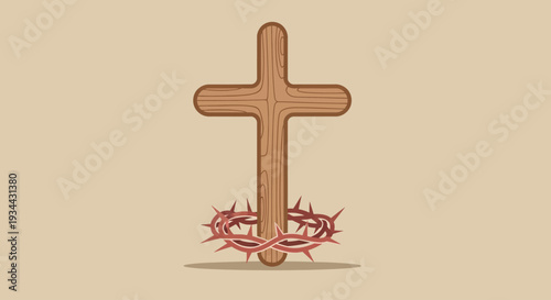 A poignant flat design illustration depicting a minimalist cross adorned with a crown of thorns, symbolizing sacrifice and suffering on Good Friday. 